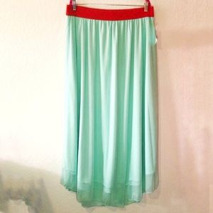 LuLaRoe Maxi Skirt Lucy Mint Chiffon w/ Red Elastic Waistband Sz 2X NWT
